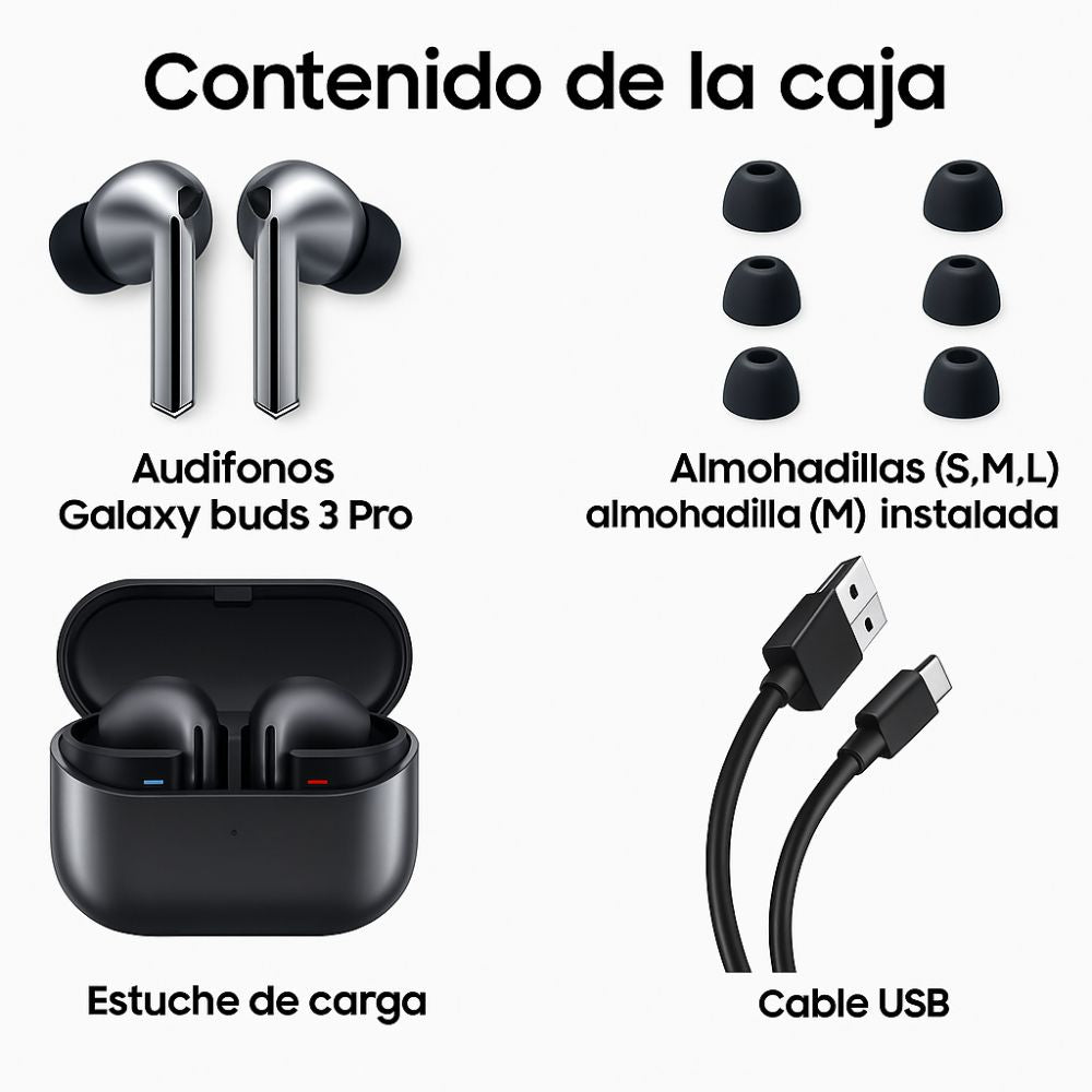 Audífonos Galaxy Buds 3 Pro sobre fondo blanco mostrando su diseño compacto y moderno. Bogotá-Colombia.
