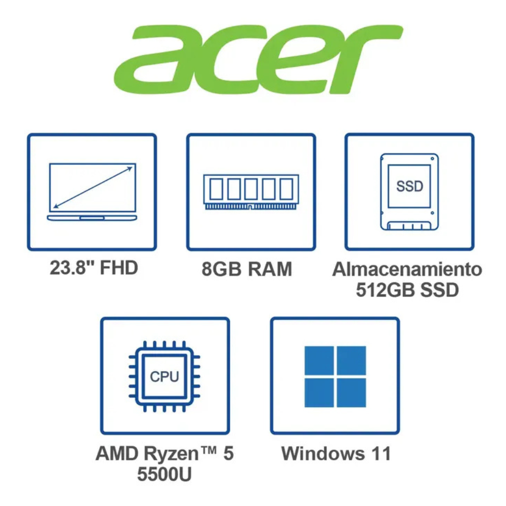 Computador All in One ACER C24-1100-COR585E | Ryzen 5 5500U | 8 GB DDR4 RAM | SSD 512GB | 24 Pulgadas FHD